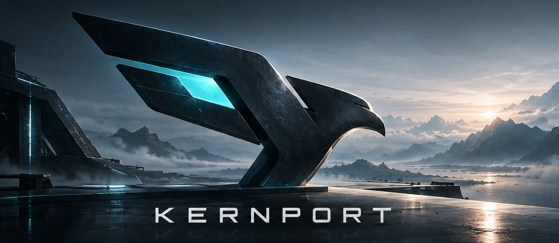Falcon-Titelbild: dunkler Falke mit cyanfarbener Fläche und Kernport-Schriftzug vor einer Berglandschaft